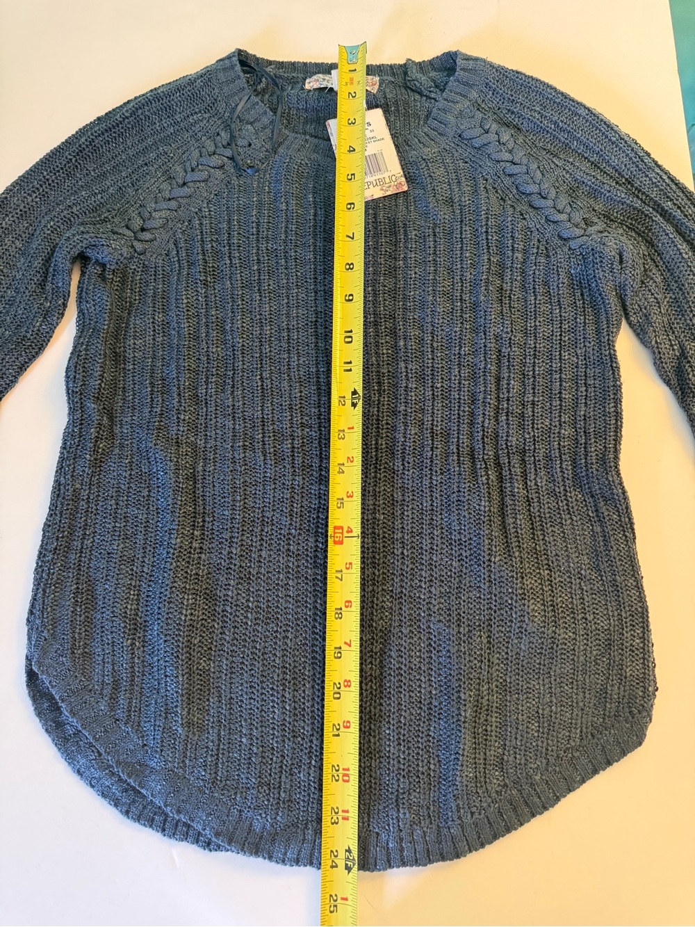 NET Pink Republic Forest Shade Blue Ribbed Cable Knit Sweater Size Medium - Picture 4 of 9